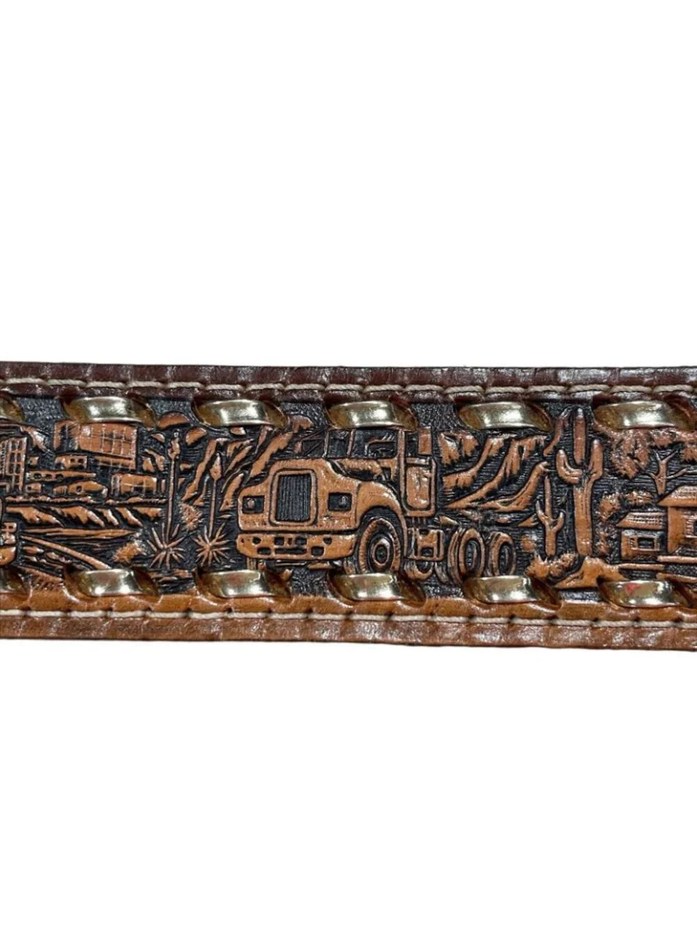 Vintage Guns Buckle Hologram Semi Trucks Leather Tooled Belt 'Bill' Size 36 - Picture 5 of 11